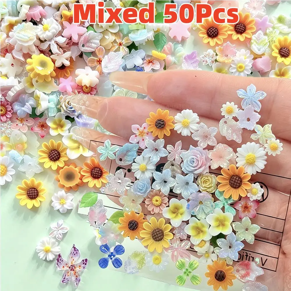 50Pcs 3D Mixed Colorful Flower Nail Charms Random Sunflower Daisy Sakura Plumeria Nails Art Decorations DIY Manicure Accessories