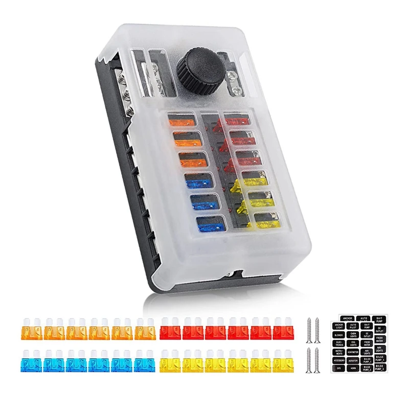 12 Way 12V Fuse Box 12Volt Blade Fuse Block Holder For 12V/24V Automotive Golf Cart