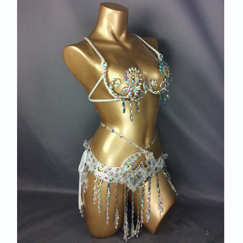 Show girl party outfit luxuryShowgirl Cosplay Carnival Samba Wire Bra Waist Belt Women Handmade Belly Dance Stage Performance We