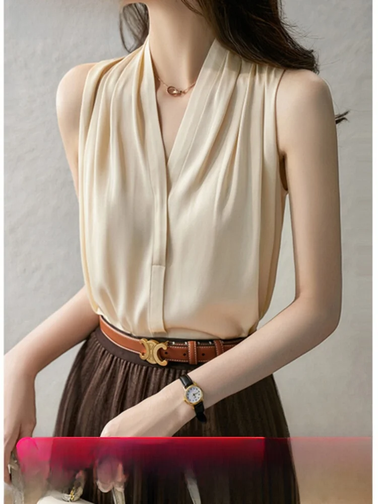 Camiseta sin Mangas de Satén de Acetato de Seda para Mujer, Estilo Veraniego de Alta Gama, Cuello en V, Ajuste Cómodo, Ropa Interior