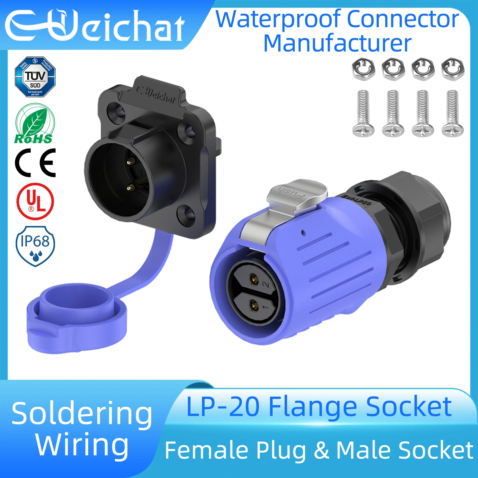 

LP20 IP68 Waterproof Connector Aviation Industrial Connector Blue PBT Plastic Shell 2-14 Pin Female Plug + Flange Socket Solder