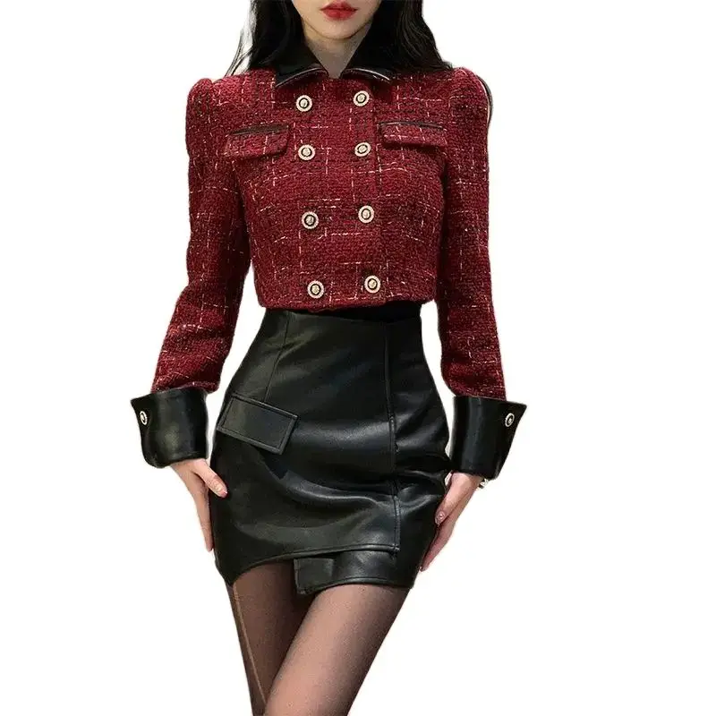 Temperament 2 Piece Sets Women Outfits Double High Quality Breasted Jackets High Waist Mini PU Skirt Suit Fashion Korean Set