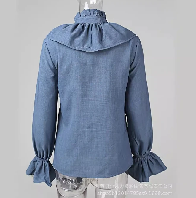 New women's denim ruffled long sleeved shirt