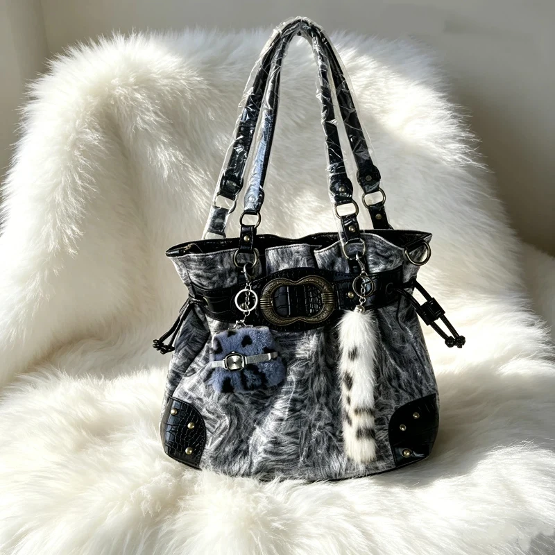 

Y2k Retro Leopard Print Studded Tote Bag Large-capacity Pleated Leather Shoulder Bag Versatile Strap Buckle Drawstring Handbag