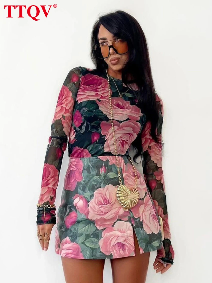 

TTQV Fashion Loose Print 2 Piece Sets Women Outfit Elegant Long Sleeve Shirt With High Waist Mini Skirt Set Femlae Clothing