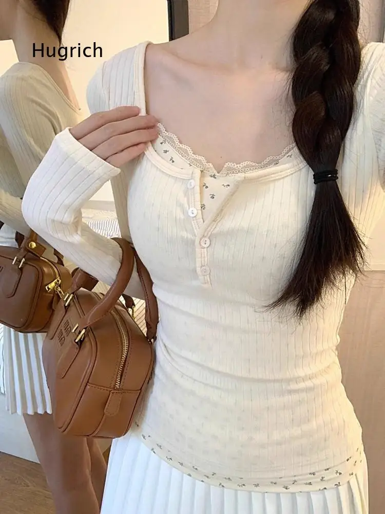 Women Floral Print Fake Two Piece Long Sleeve Top Slim Fitted Design Delicate Pattern Unique Style Casual Tee For Spring Autumn