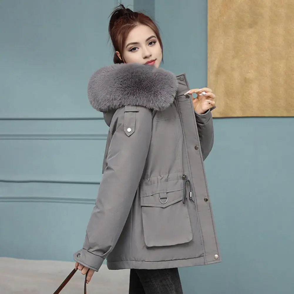 Doudoune légère pour femme avec capuche en fourrure en peluche, manteau d'hiver, cordon de serrage à la taille, design coupe-vent pour la météo, proximité