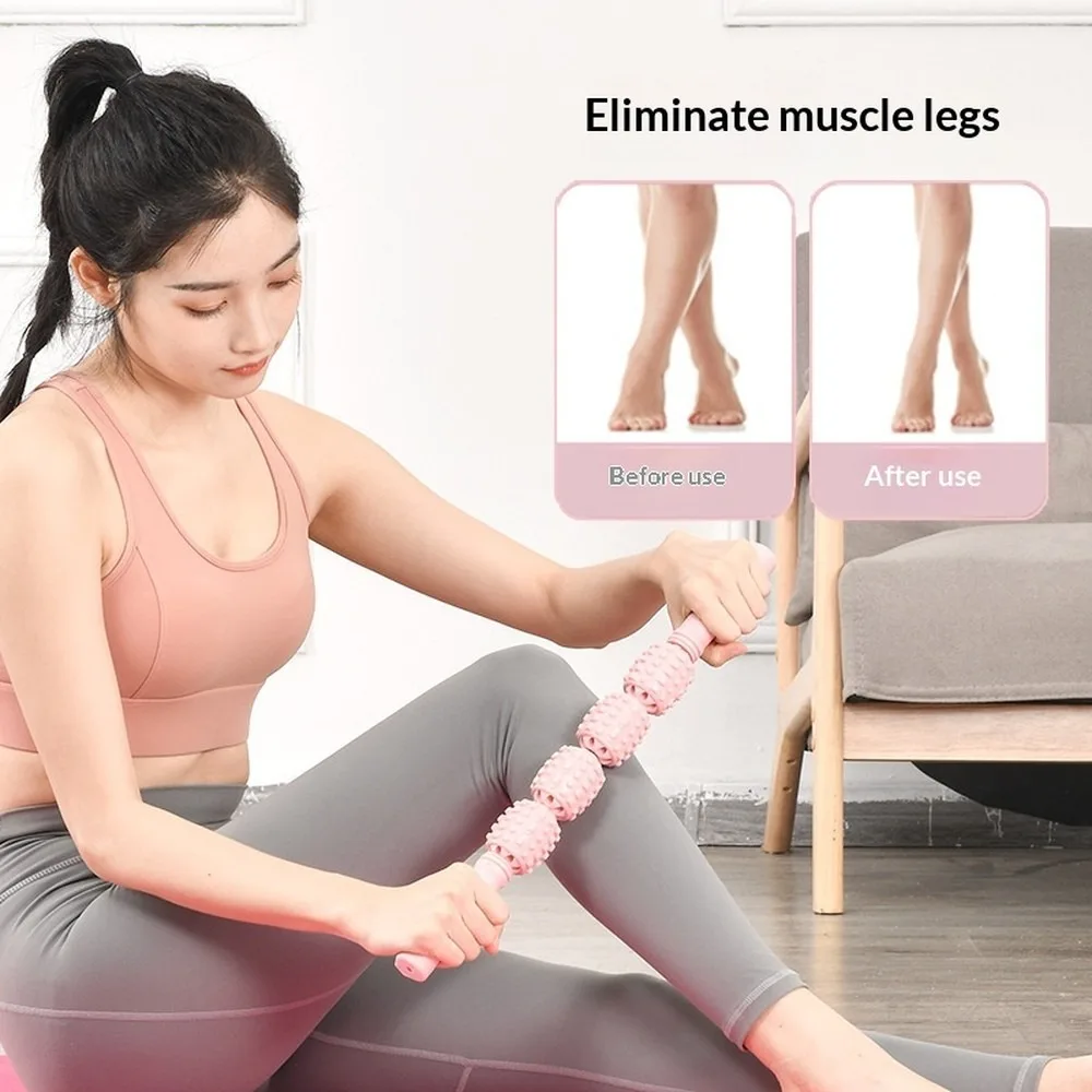 Yoga 4-Wheel Leg Massager Muscle Relaxation Fascia Roller Stick Handheld Back Massage Tool for Women Fitness