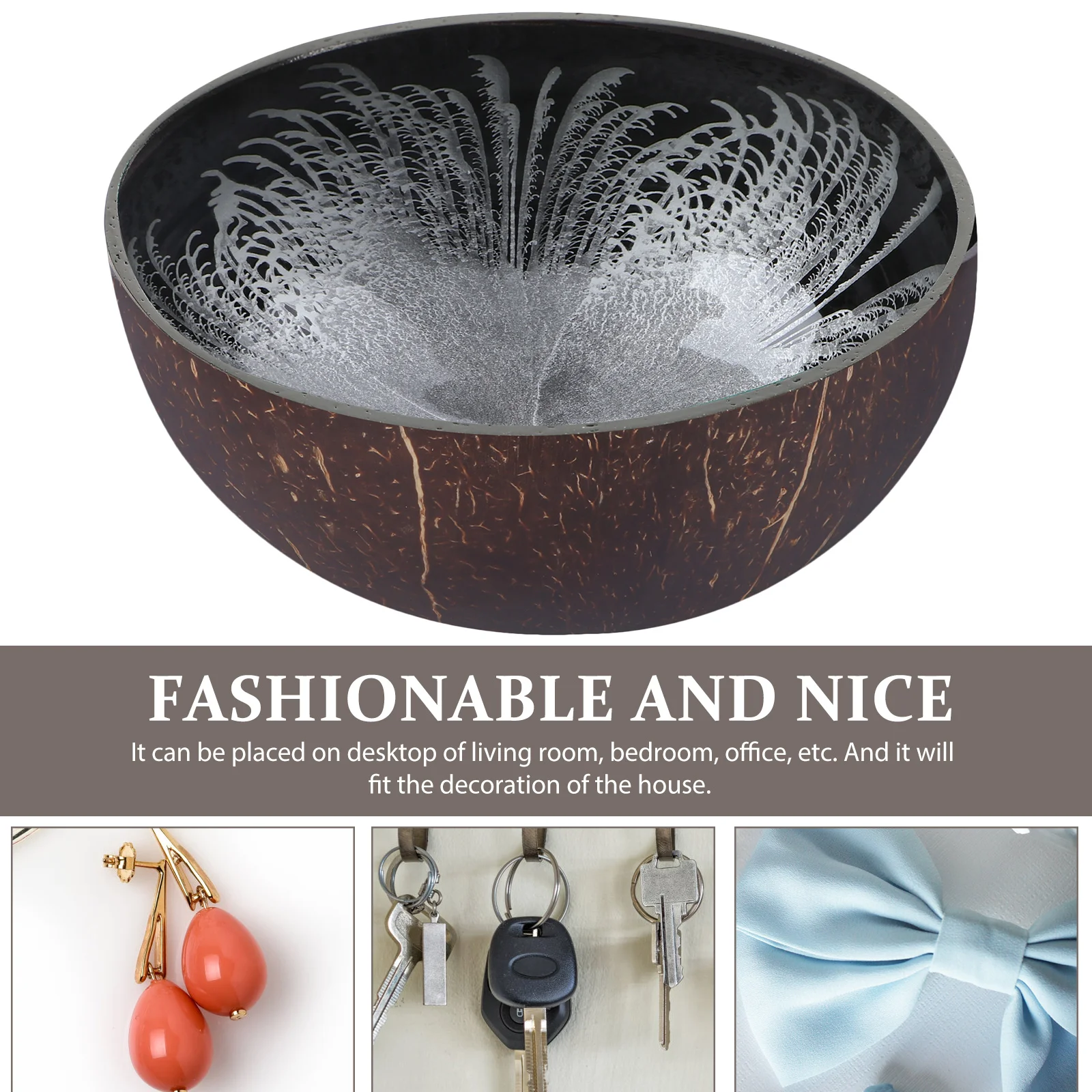 

Coconut Shell Bowl Decor Candy Container Nuts Holder Dish for Desk Decorative Bamboo Key