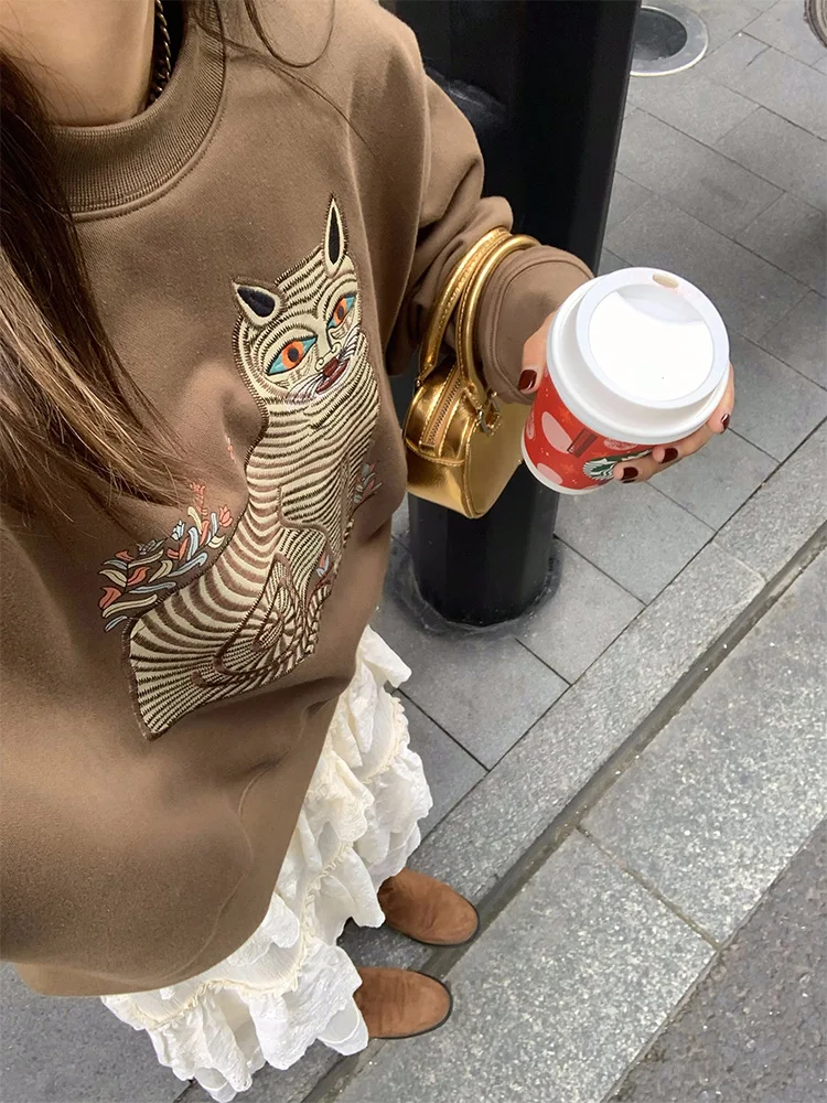 Organic Cotton round Ne Oversized Hoodie Women's ort Embroidered Fce Long Sve Sweatirt Korean Sle Fall Winter