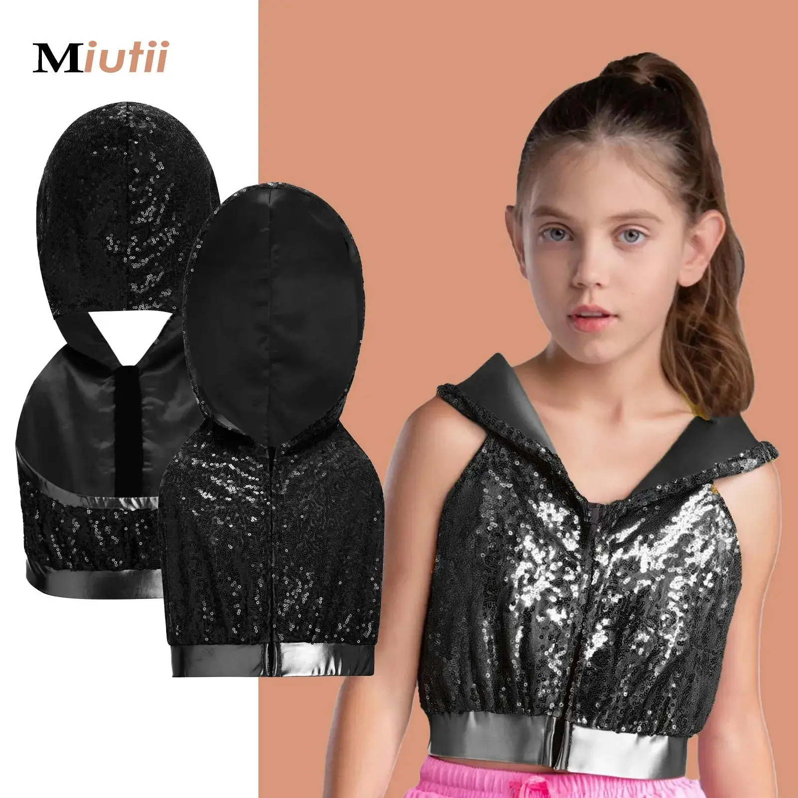 

Girls Sparkling Dance Top Shiny Sequins Sleeveless Crop Top Ballet Ballroom Performance Costume Latin Jazz Cheerleading Hoodie