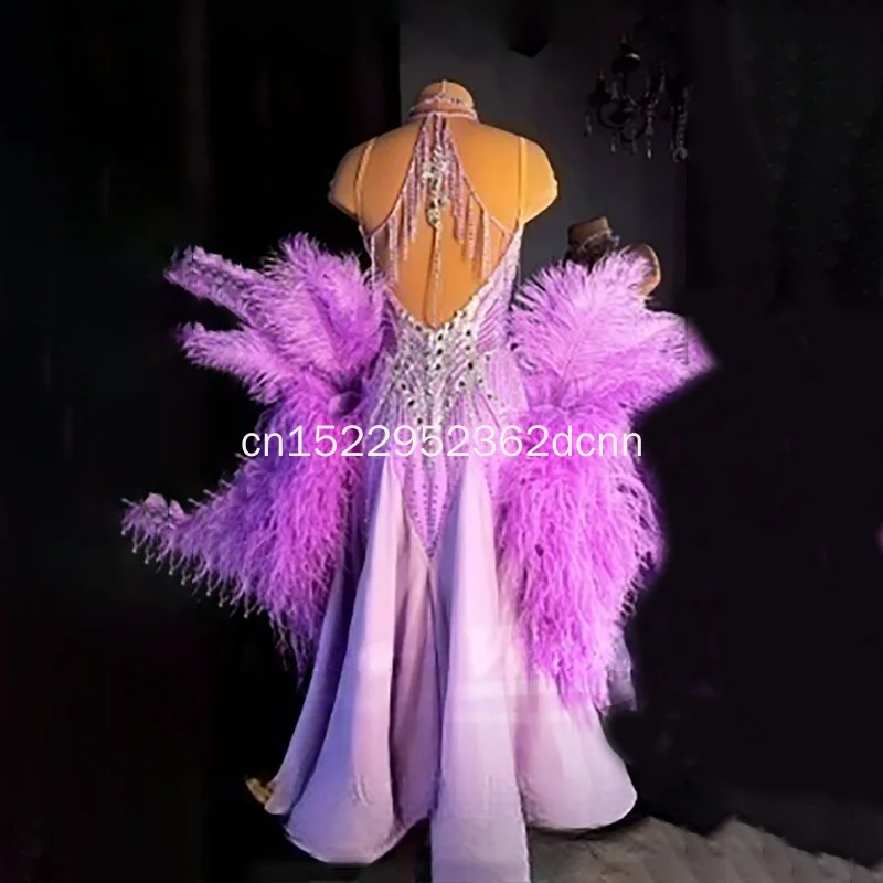 Danse de salon violet sexy sans manches dos nu professionnel robe gracieuse danseur vitalité adulte foxtrot plume style tenue