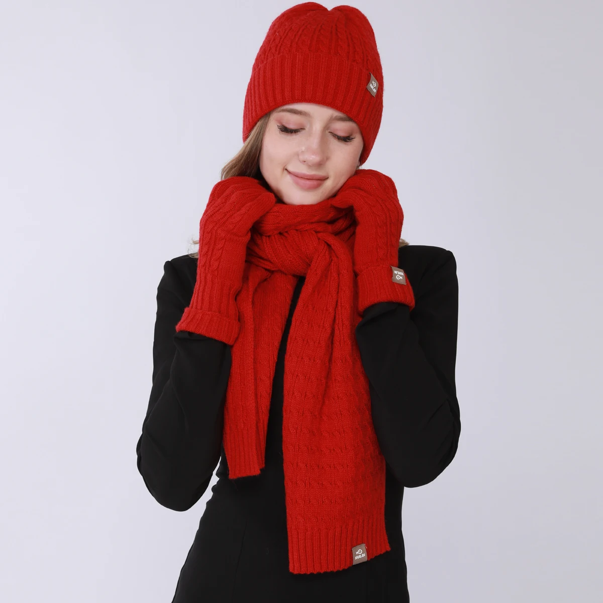 Women Solid Color Imitation Wool Fabric 3-piece Set Gloves Scarf Hat Knitted Suit Soft Cold-proof Warm Autumn and Winter Gift