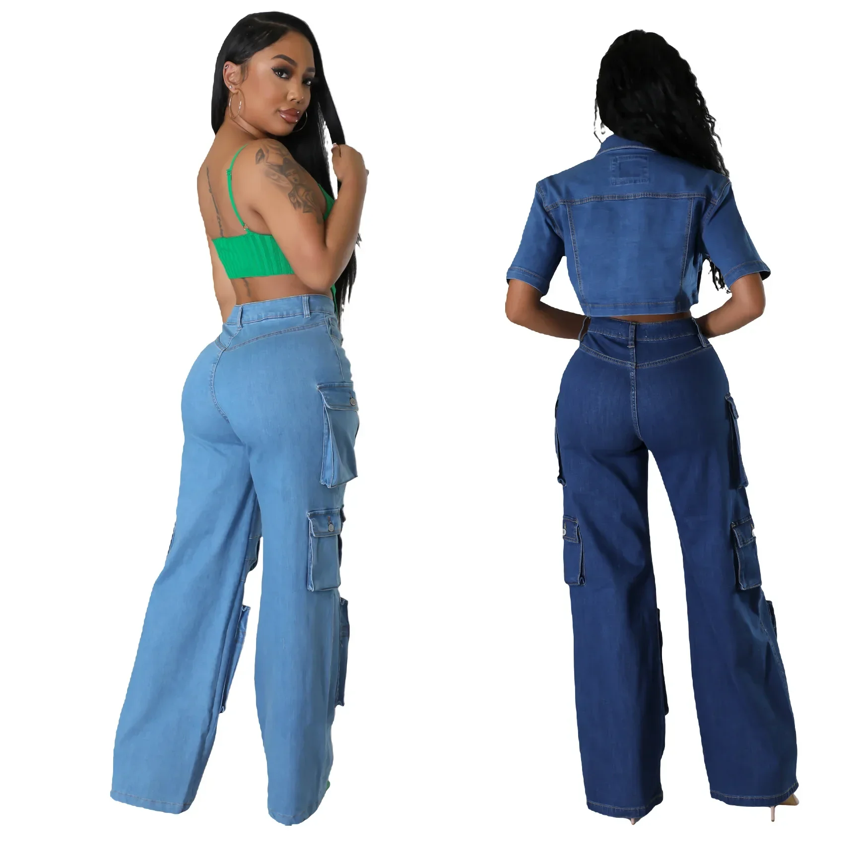 Women Jeans High Waist Cargo Pants Zipper Fly Washing Loose Fit Denim Pockets Streetwear Ankle Length Solid 2024 Summer