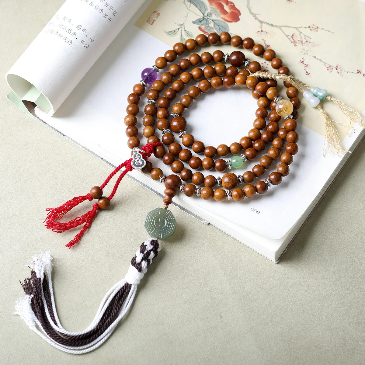 

Lightning Struck Jujube Wood Bracelet Necklace with Hetian Jade Bagua Amethyst Jade Gourd Sweater Chain for Women Gifts