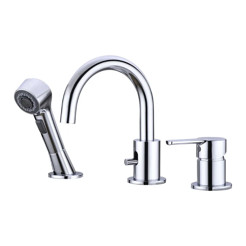 Deck mounted double handle pull out bathroom wash basin faucet, 3 hole bath faucet shower