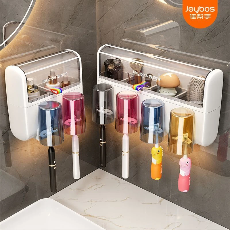 No Drill Wall Mounted JOYBOS Toothbrush Holder Family Set With Toothpaste Dispenser Bathroom  Dust Proof Shelf Organizer Home