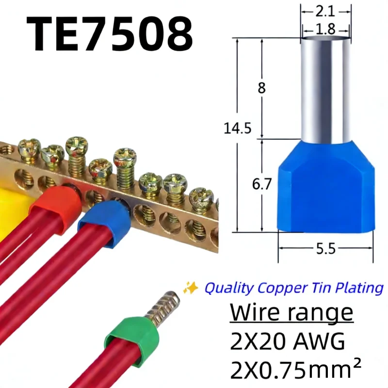 

100PCS TE7508 Double Pipe 0.5~6.0² Cold Pressed End Double Wire Tube Shaped Insulated Tubular Terminal
