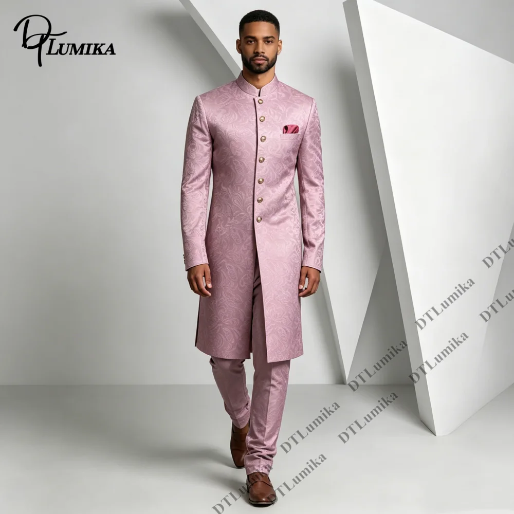 Mandarin Collar Long Embossed Men 2 Piece Suit Set Long Coat with Matching Pants Ethnic Wedding Festival Banquet Elegant Tuxedo