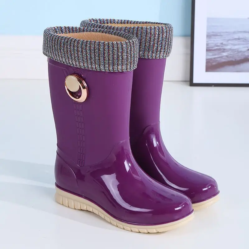 

Comfortable Fleece Lined Anti Slip Korean Style Rain Boots for Women Mid Calf Low Cut Rubber Water Shoes