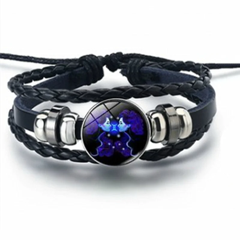 12 Constellation Zodiac Sign Bracelets Black Braided Leather Bracelet Woven Glass Dome Jewelry Punk Men Bracelet & Bangle Gift