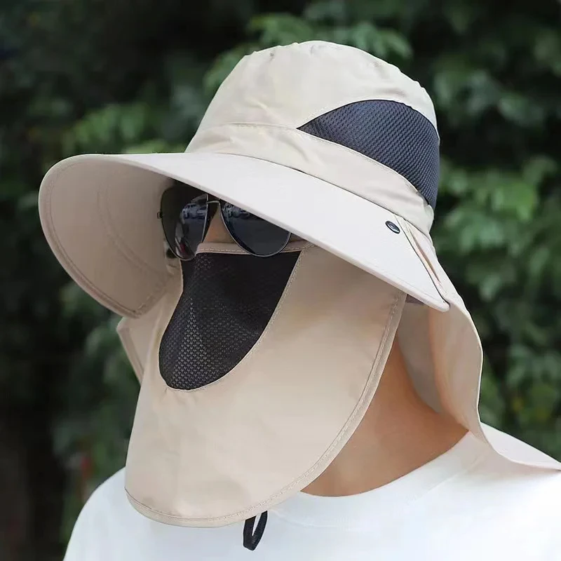 Summer Outdoor Fishing Caps Men Wide Brim UV Protective Mask Thin Casual Hats Sports Climbing Sun Hats