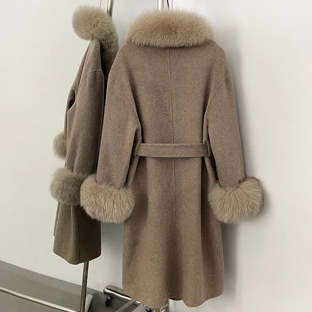 معطف صوفي متوسط الطول للنساء من الصوف لعام 100% قابل للفصل وياقة من فرو الثعلب الحقيقي للسيدات برباط على الوجهين ملابس خارجية من الصوف #4
