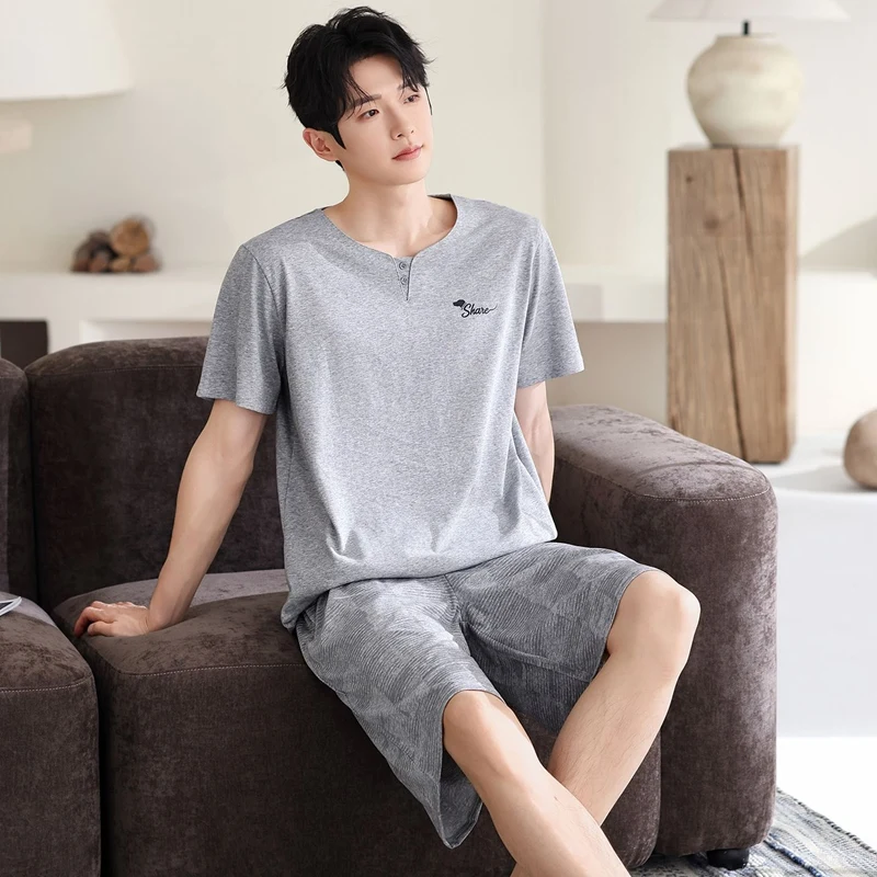 

2026 Summer Short Sleeve Cotton Pajama Sets for Men Korean Loose Sleepwear Suit Pyjama Homme Homewear male Lounge Home Clothes