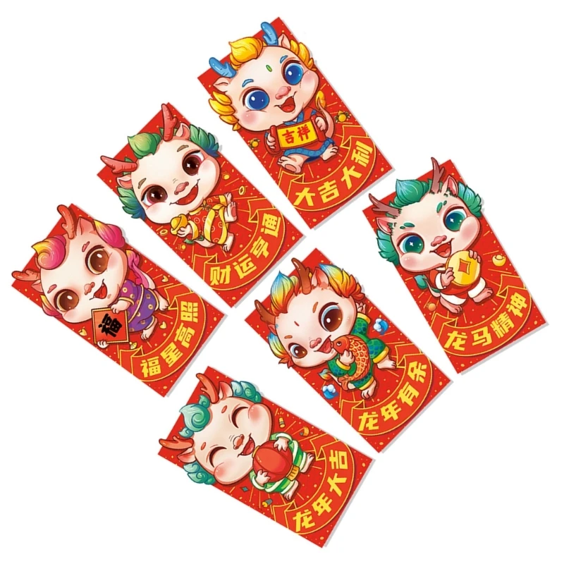 Sobres estilo chino Re, paquetes Año Nuevo 2024, bolsa dinero Hongbao, 6 uds.