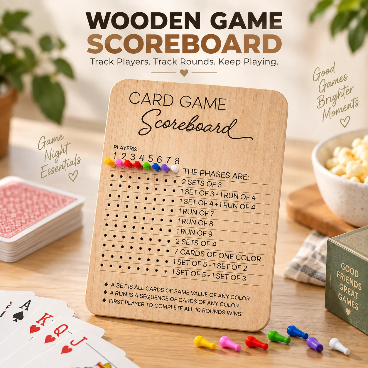 1 Pc Wooden Card Game Scoreboard, Classic Score and Round Tracker with 8 Colored Pegs, Reusable Tabletop Game Scoring Board