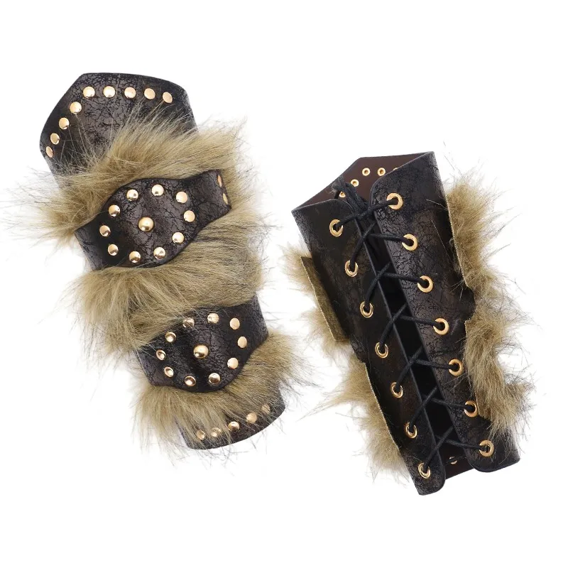 

1Pair Medieval Warrior PU Leather Bracer Fur Accents Riveted Armor Halloween Costume Men Riveted Arm Armor Cosplay Accessory