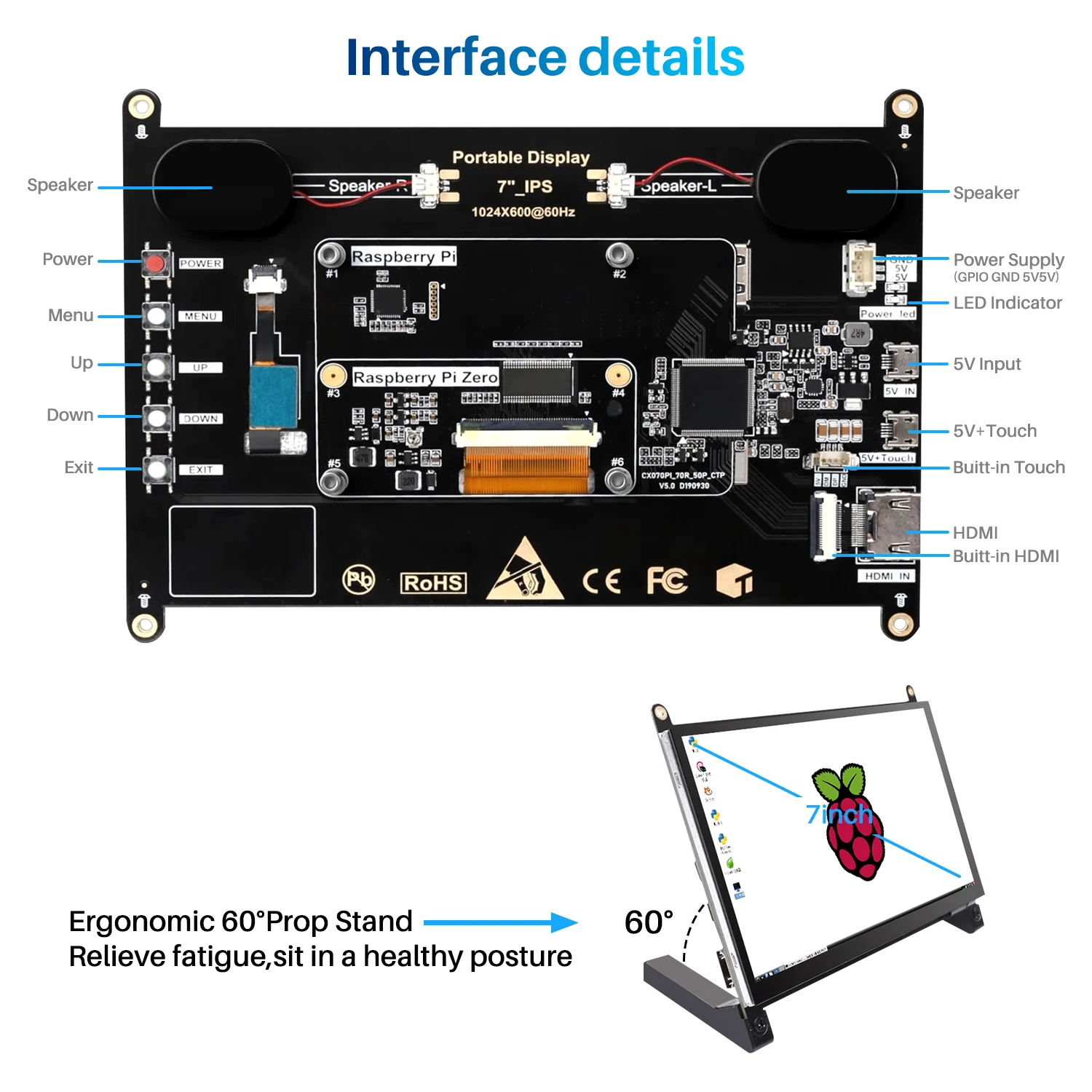 Imagem -05 - Unew-terno Monitor Touch Screen para Raspberry pi e Alto-falante Usb Hdmi Plugue 12v sem Tampa Display 1024x600 7