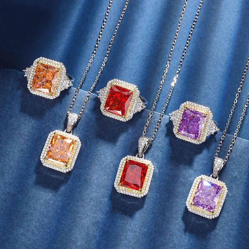 

Jewelry set with high-carbon diamond, ice-cut copper inlay, elegant main stone set10*12