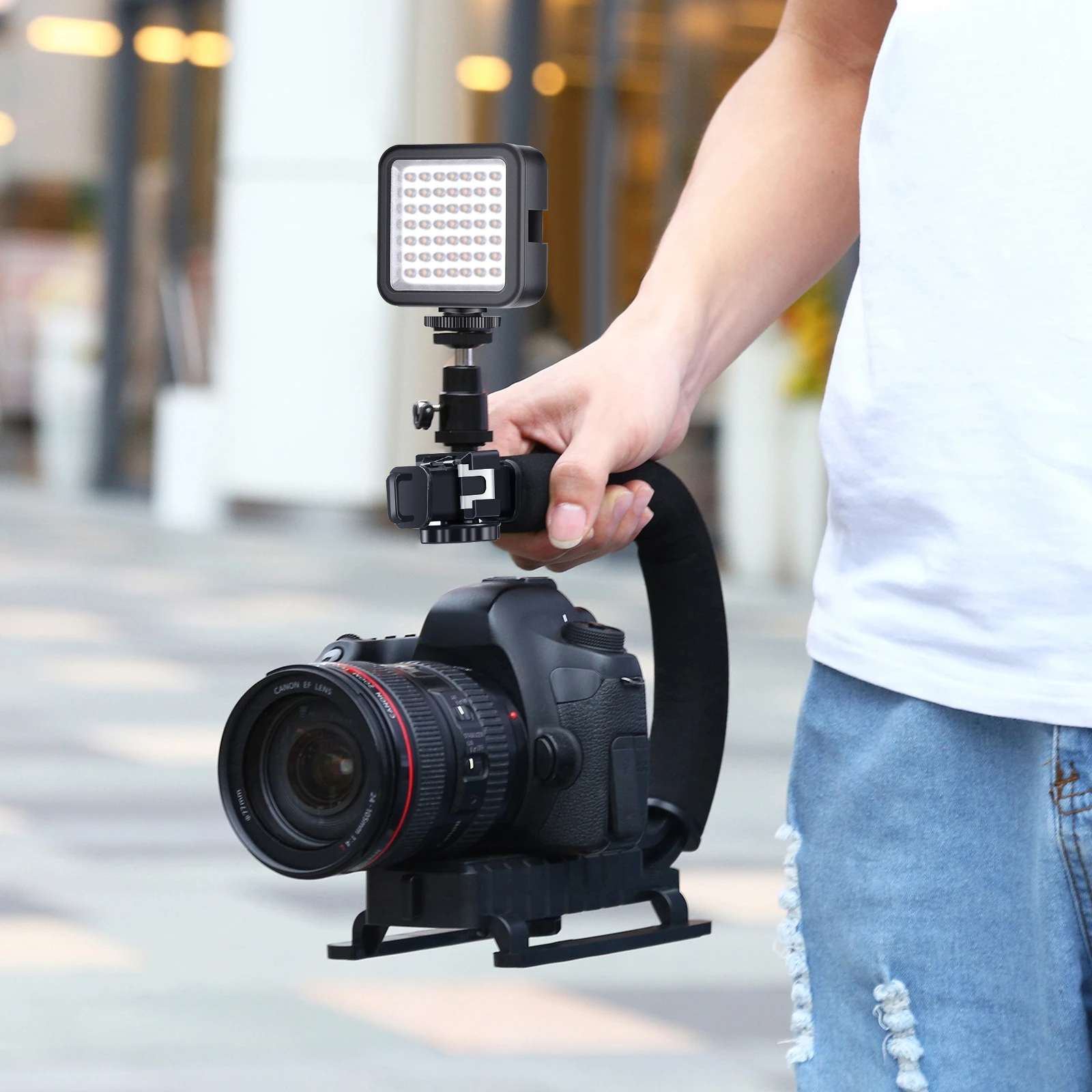 PULUZ U/C Shape Portable Handheld DV Bracket Stabilizer+LED Studio Light Kit &Cold Shoe Tripod Head for SLR Cameras Home DV Came