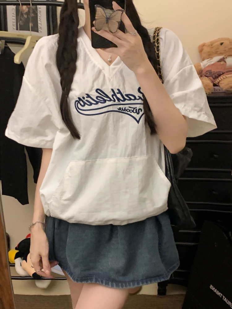 

ADAgirl Embroidery Sports Oversized T Shirt Women V-neck Letter Print Casual Tops Summer Fashion Korean Style Loose Clothing New