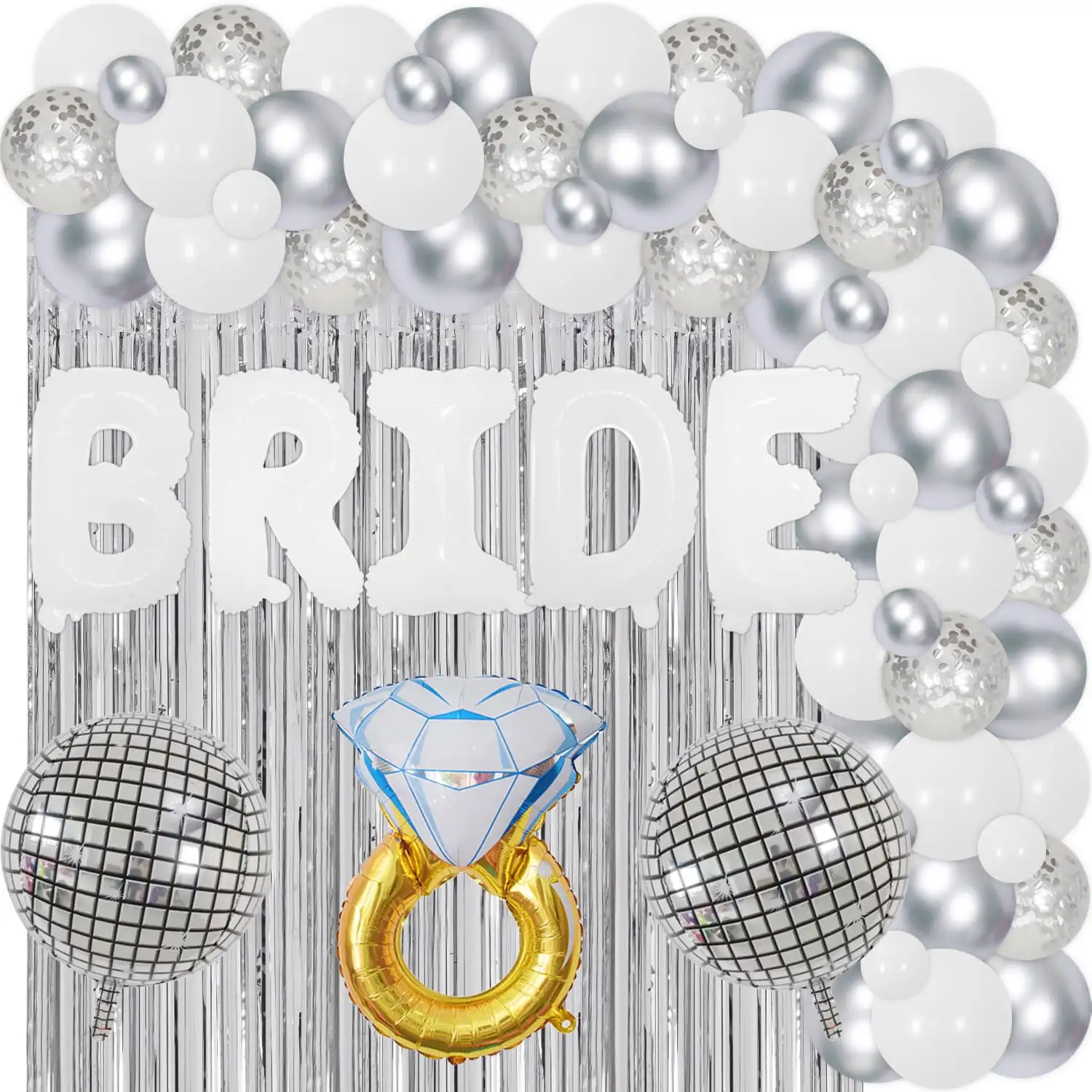 

Bachelorette party decoration kit with silver balloons, oversized diamond ring, rain curtain, engagement party supply