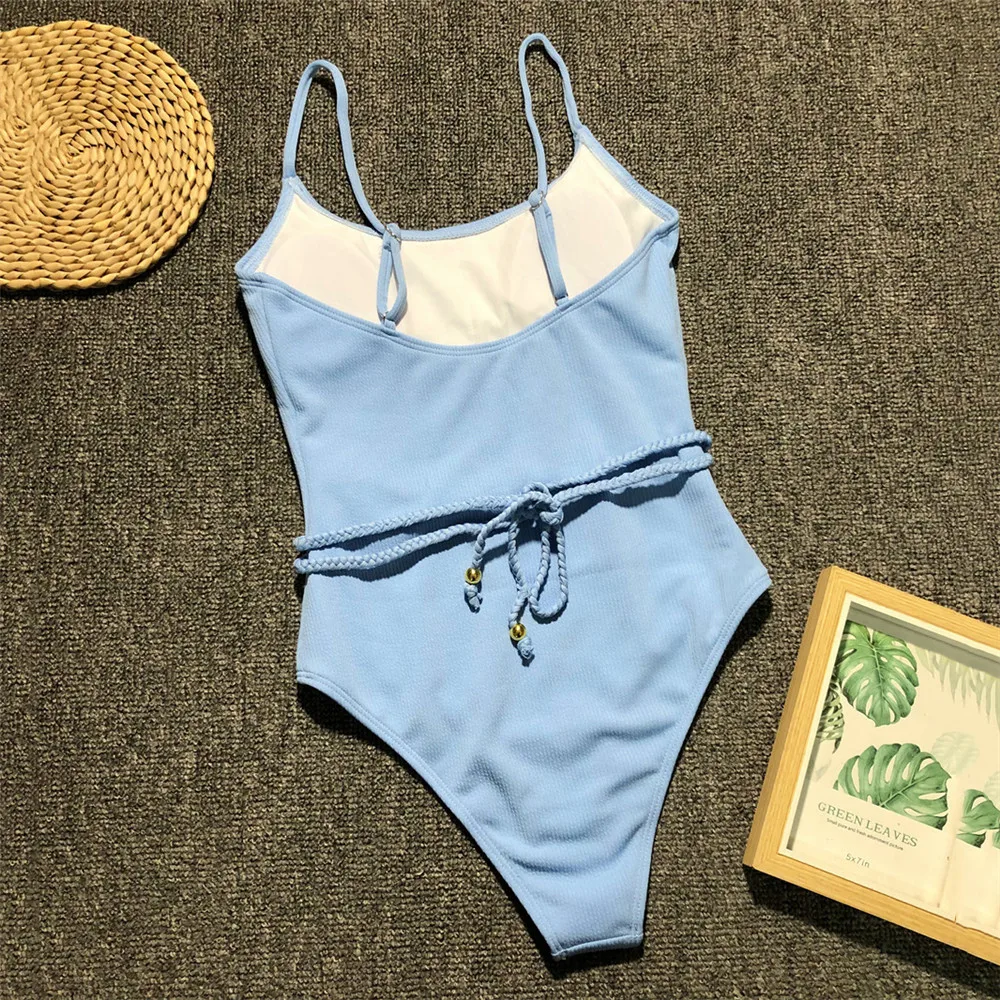 Holiday Ladies Light Blue Ribbed Swimwear Sexy Swimsuit Women One-Piece Suits Braided String Bathing Suit Black Monokini 2025