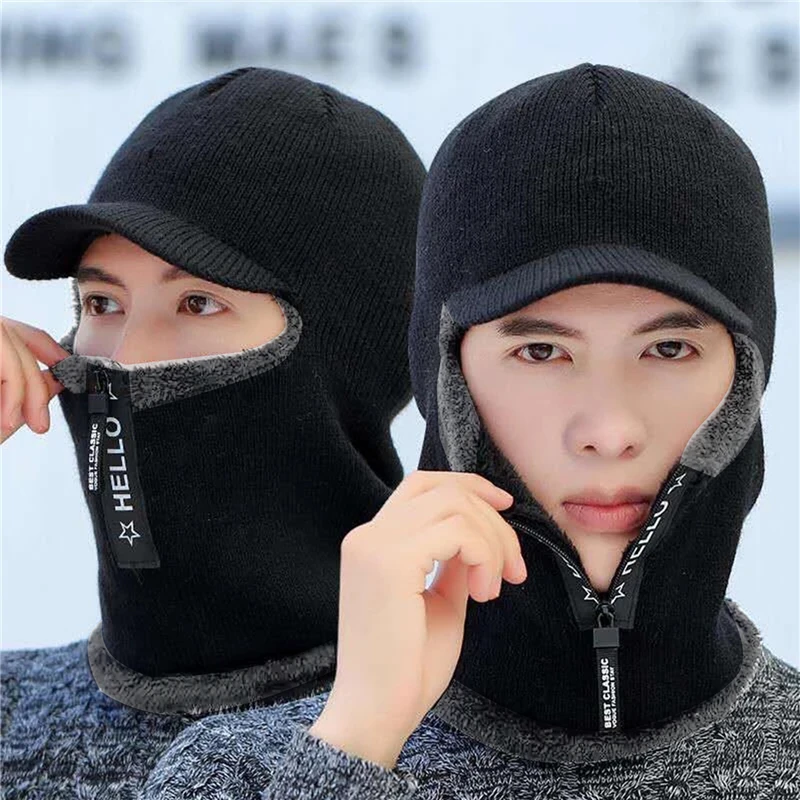 Gorro de lana cálido para hombre, gorro de protección auditiva para exteriores, bufanda Capd de punto gruesa cálida para bicicleta, gorro con visera a prueba de viento, novedad de invierno