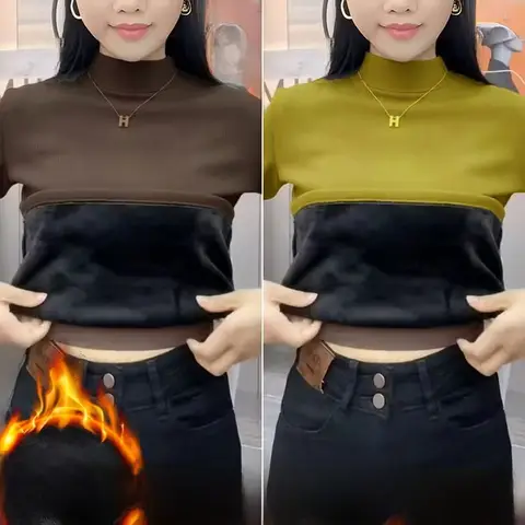 두꺼운 플리스 보온 이너웨어 긴팔 중목 여성 티셔츠 슬림핏 가을 겨울 베이스 셔츠 스탠드 칼라 투피스