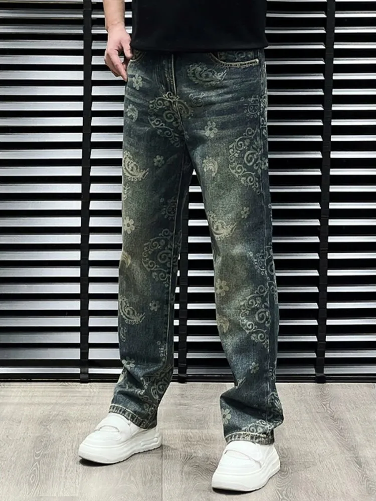 

Retro American Faion Printed Jeans Men's Loose Straight Leg Waed Long Pants Spring 2026 New Sle Casual Straight Fit
