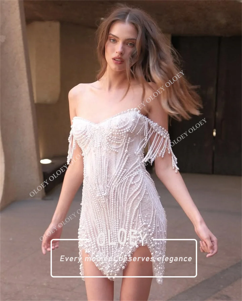 OLOEY Luxury Pearls Mermaid Wedding Dress Off The Shoulder Mini 2026 Women's Bridal Gown Customized Lace-up Robe De Mariage