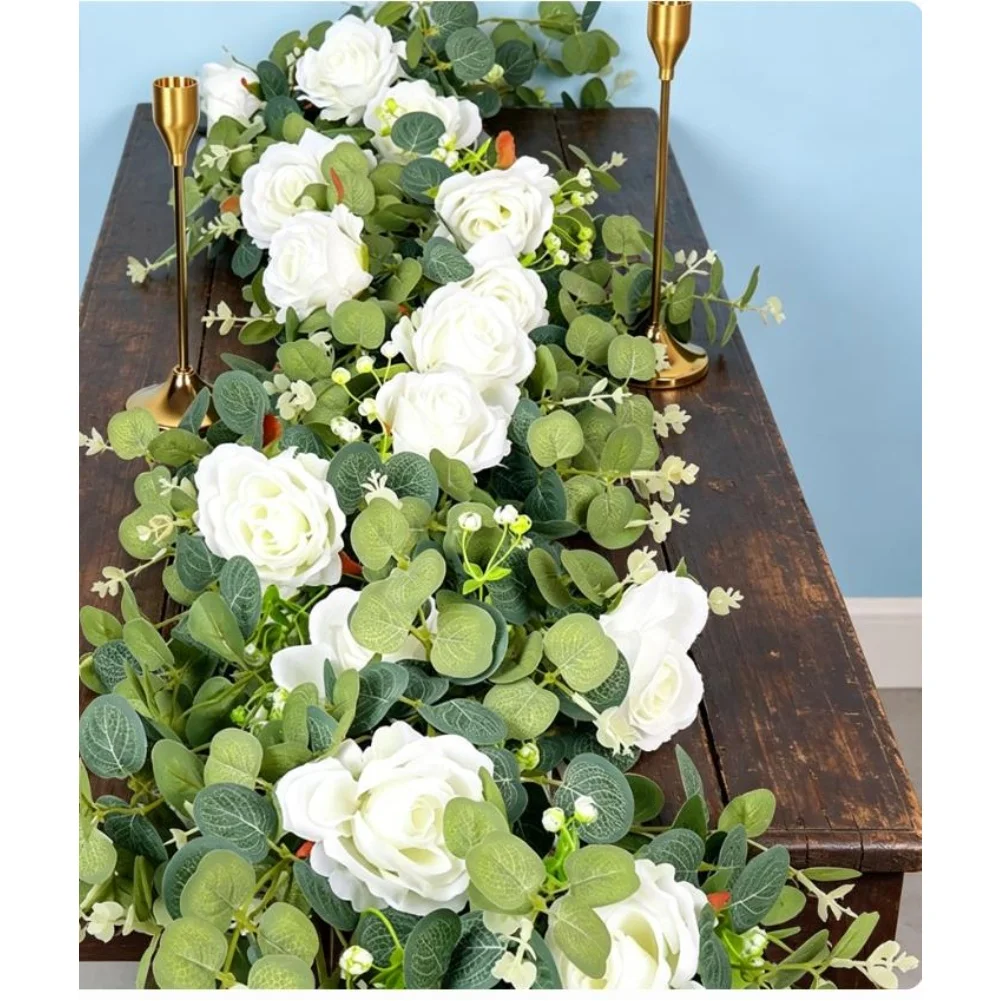 Artificial Flower Vine 185cm with Lifelike White Roses and Eucalyptus Foliage for Wedding Reception Decor Garden Party Setup