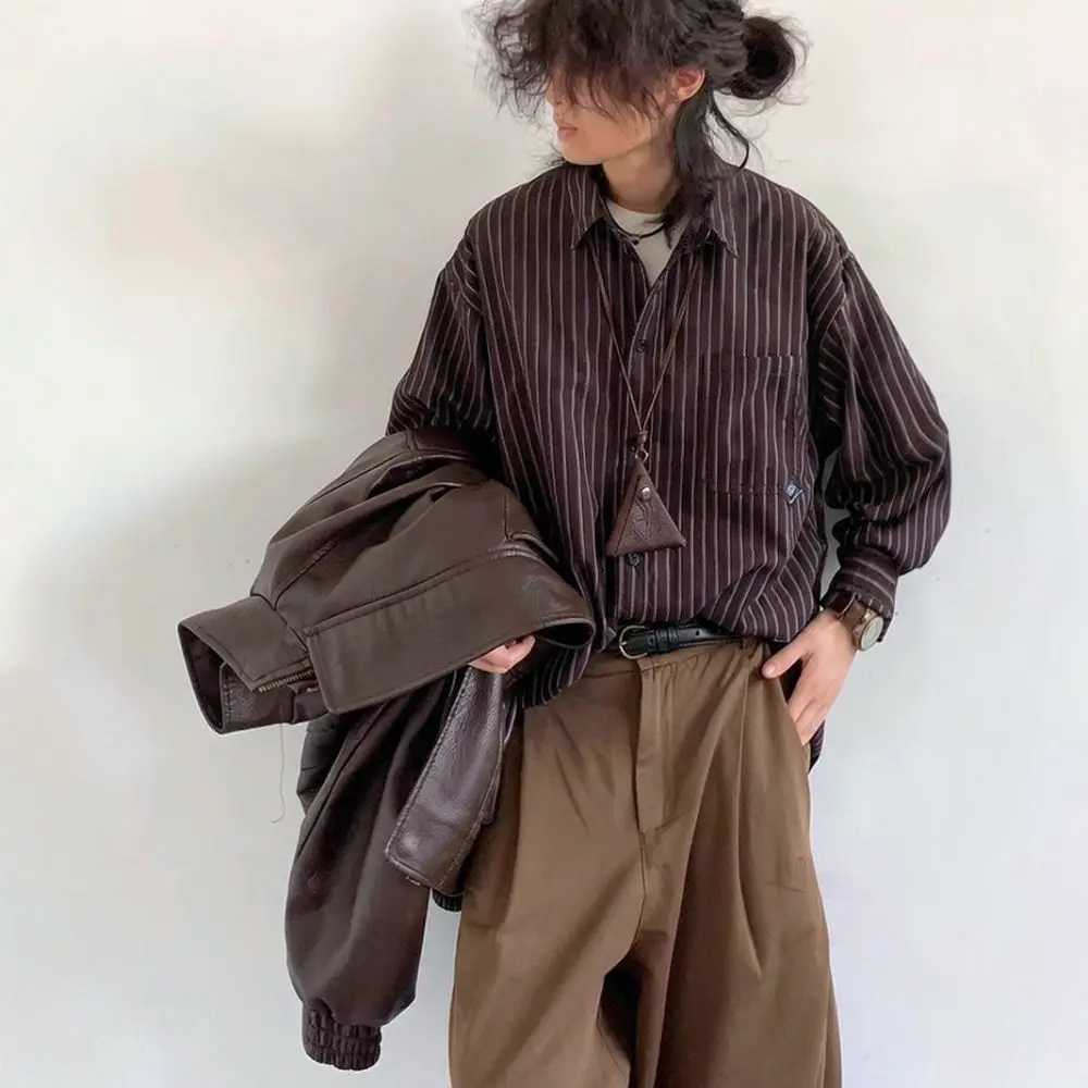 Retro Japanese Style Mens Striped Shirt Long Sleeve Loose Fit Casual Button Down Top Breathable Streetwear For Daily Wear