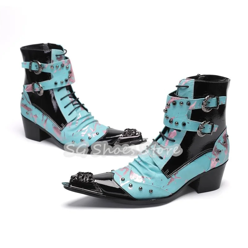 Mixed Color Non-Slip Mid-Calf Boots Metal Pointed Toe Chunky Heel Male Boots Fashion Leather Splicing Casual Shoes for Men