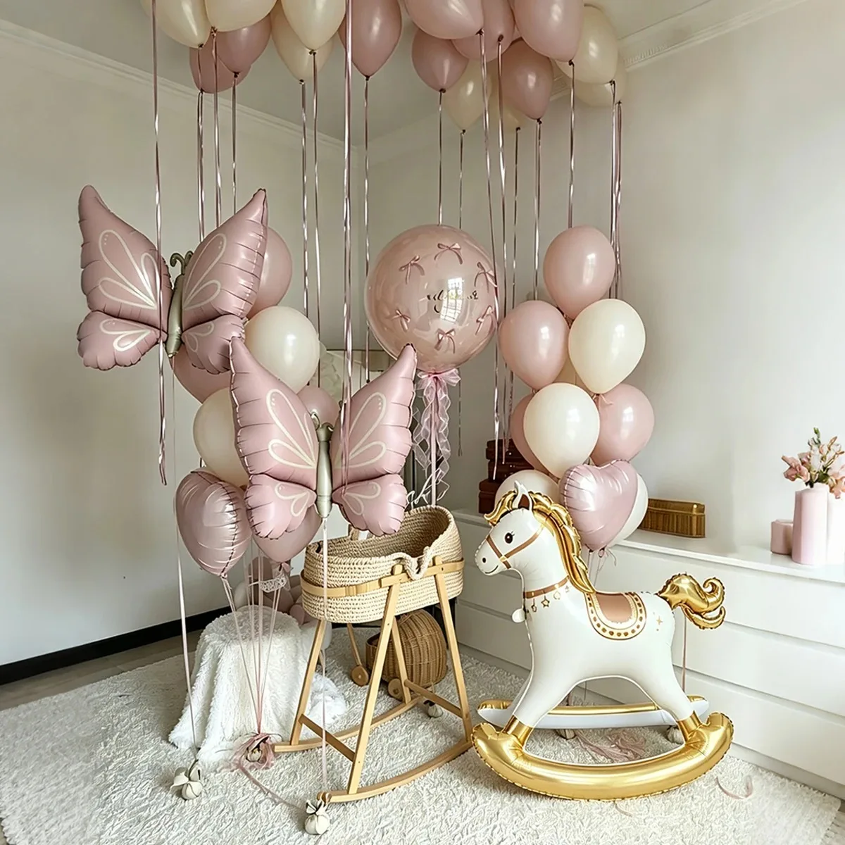 1 Set Rosa Trojanisches Pferd Ballon Schmetterling Schüttelpferd Folienballon Rosa Herzballon für Geburtstagsfeier, Babyparty, Dekoration, Geschenke – Detail 1