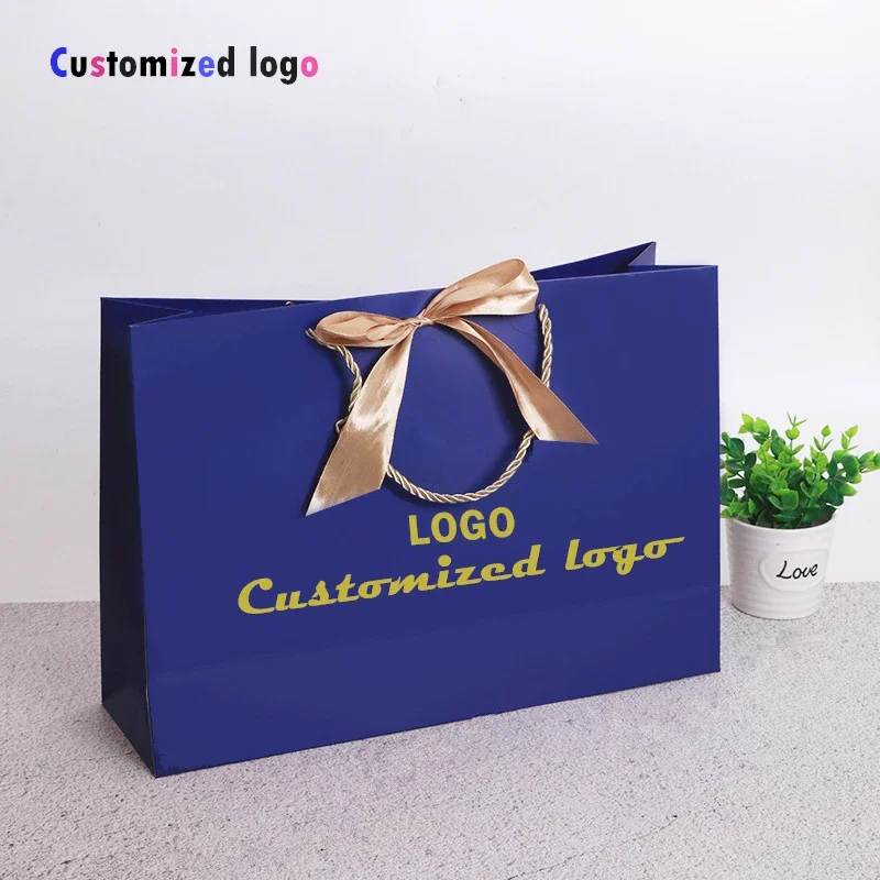 100pcs Customized logo gift bag Gold Present Box For Wedding Box Bags/Clothes Books Packaging Gold Handle   Kraft Paper Gift Bag