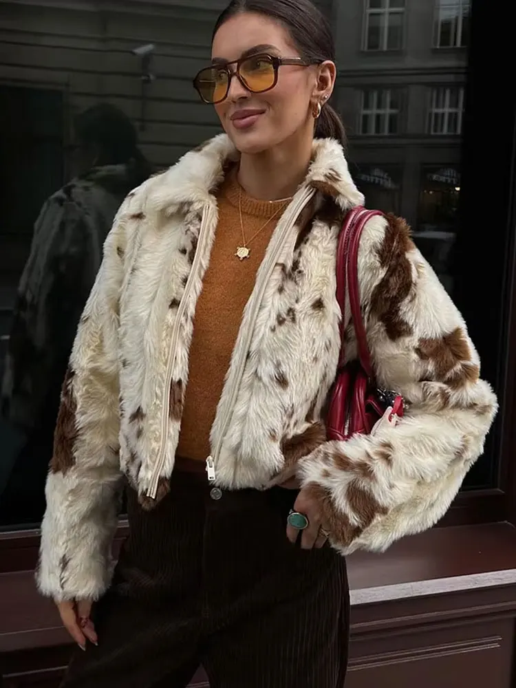 HH 2024 Winter Fashion Faux Fur Coats For Women Long Sleeves Print Side Pockets Zipper Fly Turn-Down Collar Causal Jackets