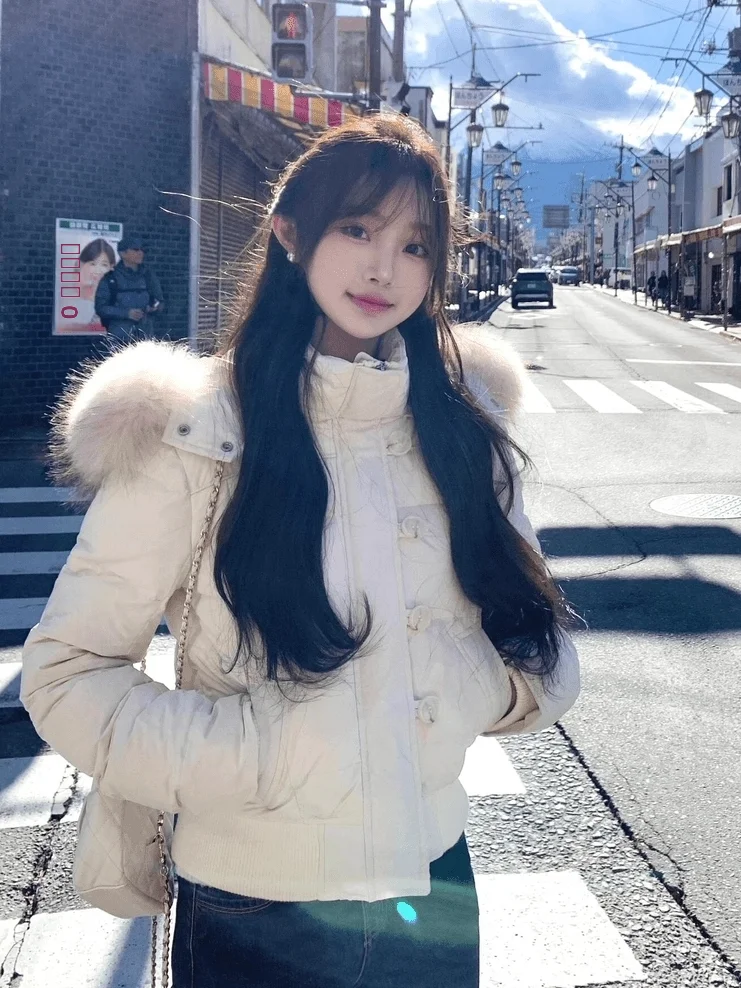 

Korean Sle White Fur Collar Hooded Cotton Jaet ort Size Large Women's Faionable Winter Coat Thiened Long Sve Zipper