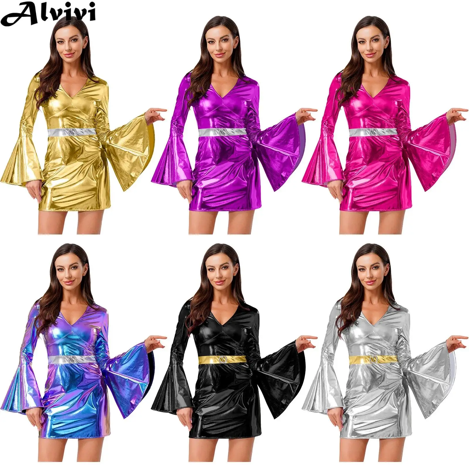 

Women 70s Disco Dance Dress Halloween Theme Party Hippie Cosplay Performance Costume Flare Sleeve Metallic Shiny Bodycon Dresses