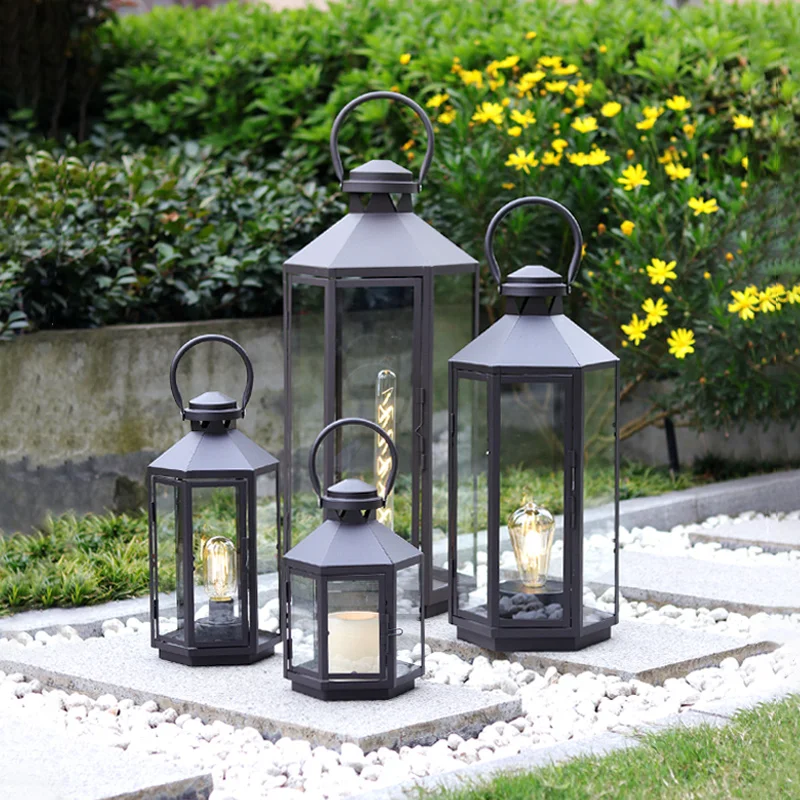 Nordic Outdoor Glass Windproof Candle Holder Wrought Iron Floor-Standing Storm Lantern Simple Shooting Prop